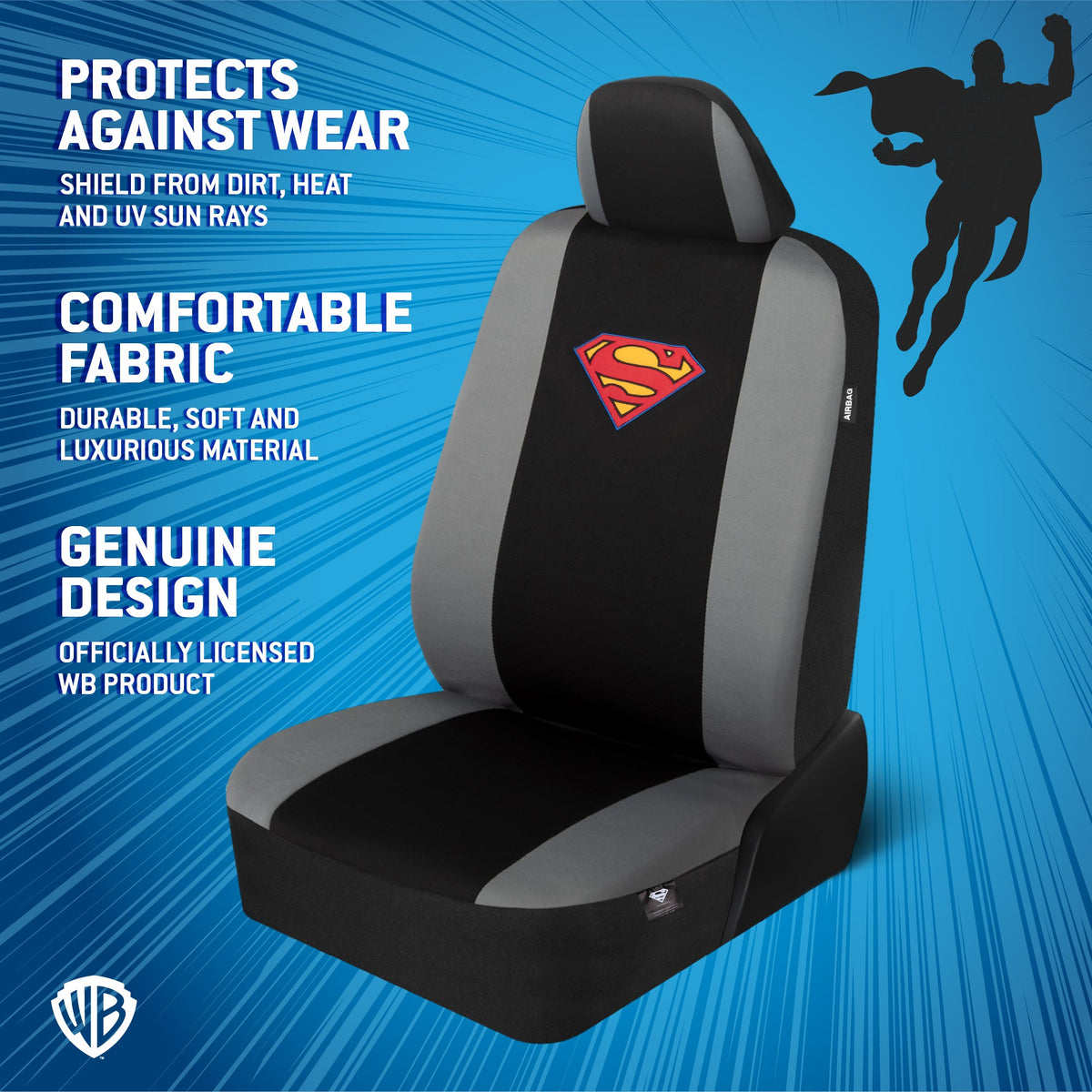 Warner Bros DC Comics 9-Stück Superman Logo PolyCloth Vordersitz- und Rücksitzabdeckungen
