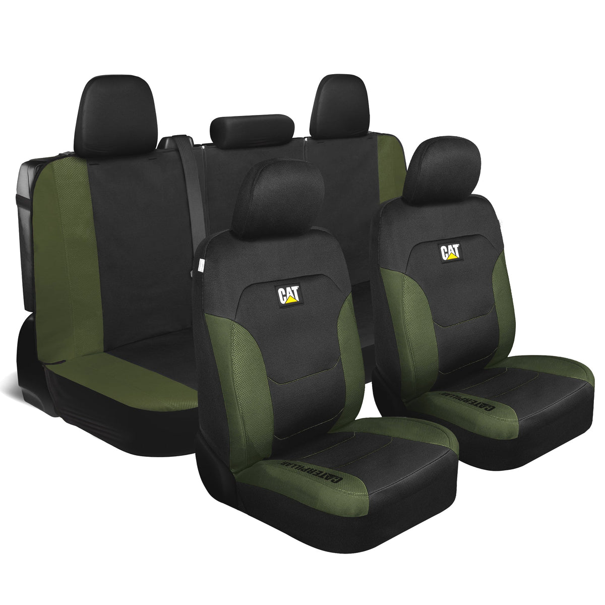 CAT Black & Green Car Seat Covers Full Set – Front Seat Covers & Rear Bench Seat Cover – Airbag-kompatibel, 60/40 Split Bench für LKW, PKW & SUVs – Automotive Interior Seat Protection Zubehör – Alias 639034939471570448