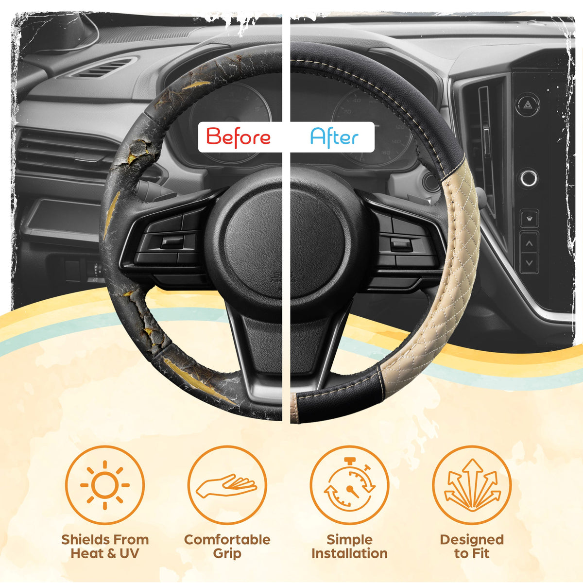 C&C California Car Steering Wheel Cover Beige Diamond Quilt, Non Slip Leather Steering Wheel Cover für Damen Männer, Niedlich Komfortable Soft Easy Installation Universal Fit (Fits 14.5'-15.5' Zoll)