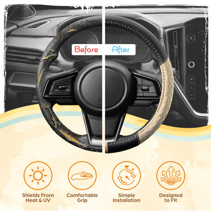C&C California Car Steering Wheel Cover Beige Diamond Quilt, Non Slip Leather Steering Wheel Cover für Damen Männer, Niedlich Komfortable Soft Easy Installation Universal Fit (Fits 14.5'-15.5' Zoll)