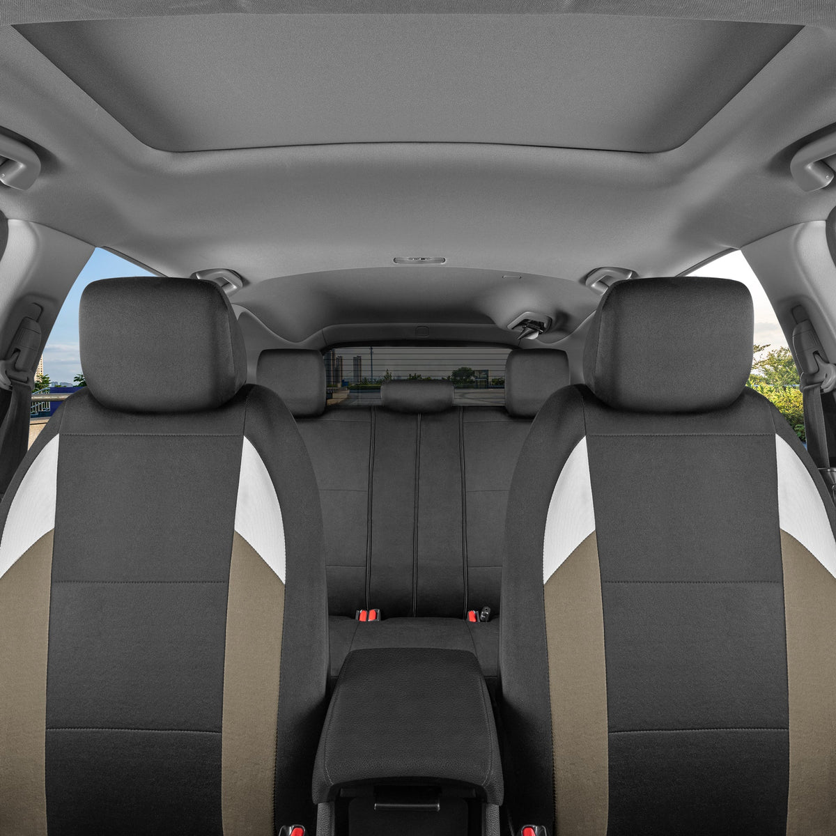 BDK carXS Monaco Sitzbezüge für Autos Vollständig, Beige Tri-Tone Vordersitzbezüge mit Split Rear Bench Back Seat Cover, Automobilsitzbezüge für LKW SUV Van Auto (Mehrere Farben)