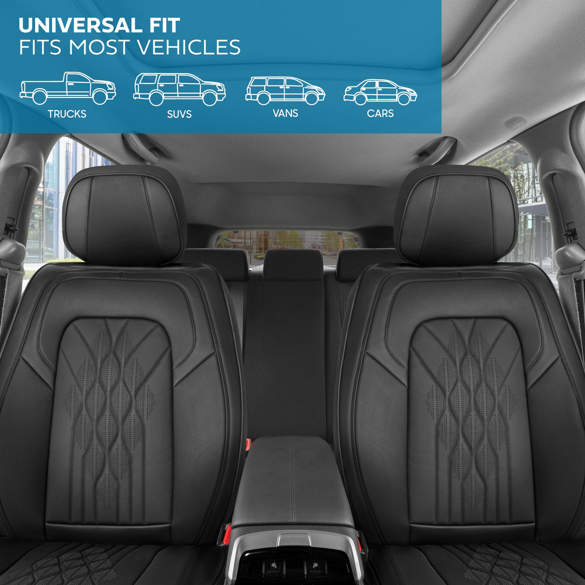 MotorBox Elite Edition Faux Ledersitz Abdeckungen für Autos, LKW und SUV - 2 schwarze Autositz Abdeckungen für Vordersitze - Universal Fit Car Zubehör Automotive Interior Cover Protector für die meisten Fahrzeuge