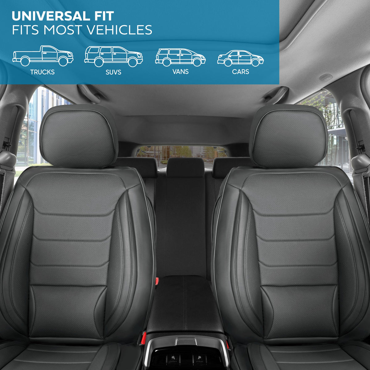 MotorBox Elite Edition Faux Ledersitz Abdeckungen für Autos, LKW und SUV - 2 graue Autositz Abdeckungen für Vordersitze - Universal Fit Car Zubehör Automotive Interior Cover Protector für die meisten Fahrzeuge