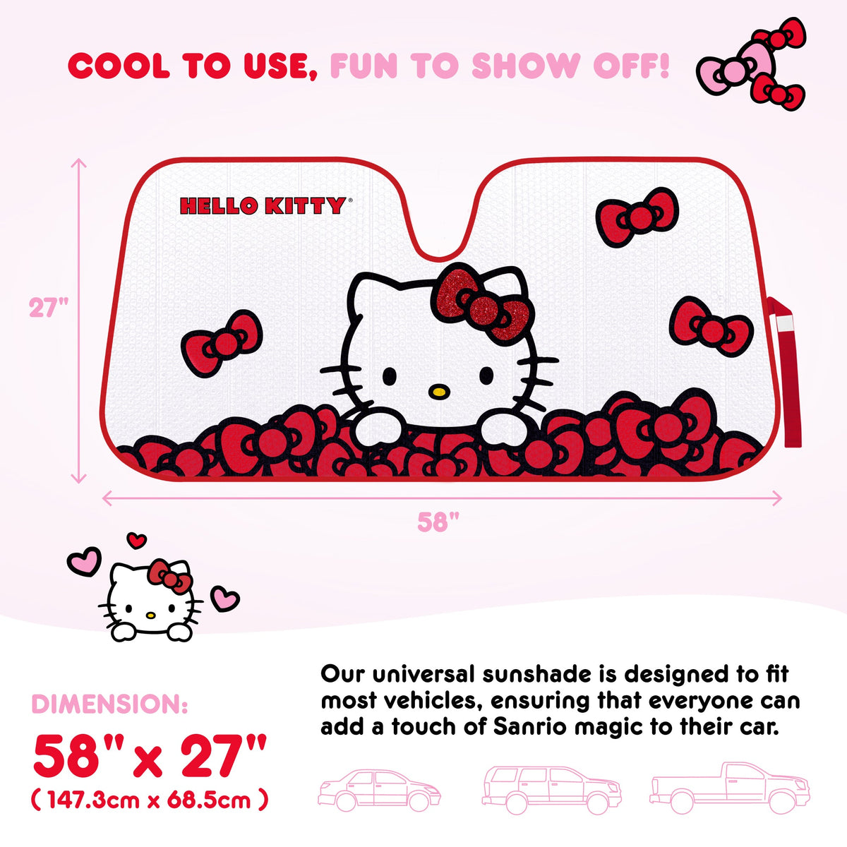 Carbella Offizielle Hallo Kitty Front Windschutzscheibe Sonnenschirm Red Bow Dreams (58 'x 27')