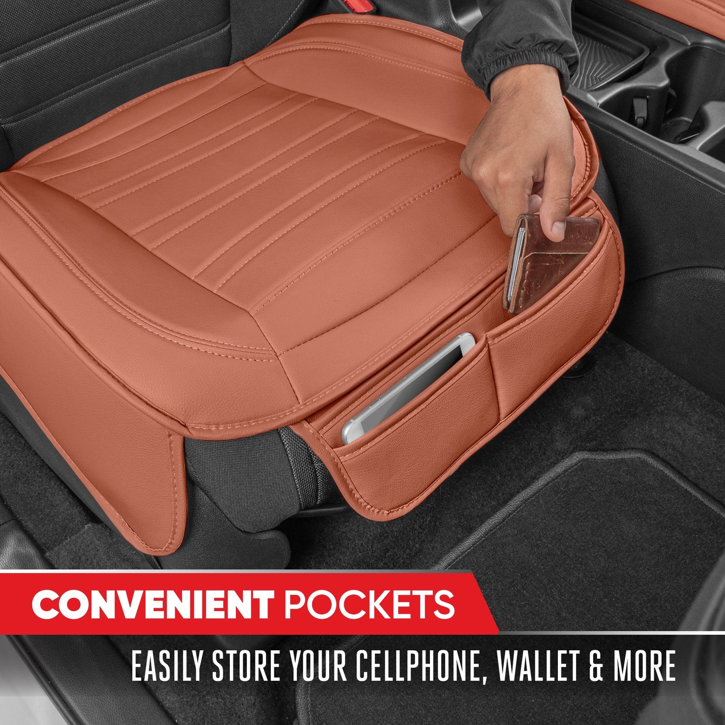Motor Trend Faux Leder Vordersitz Abdeckung für Autos - Set von 2 Braunen Vordersitz Abdeckungen für SUV & Truck mit Aufbewahrung Taschen - Autositze Abdeckung Protector - Nur für Bodenpolster Abdeckung