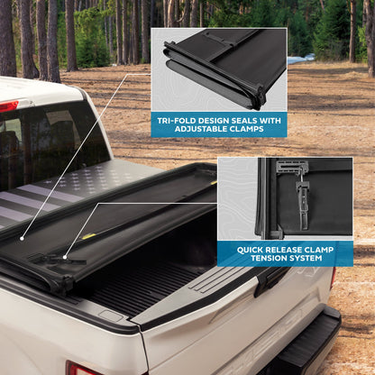 MotorBox Soft Tri-Fold Truck Tonneau Abdeckung für Ford F-150 2015-2024 5,5 ft Bett, Allwetter Klapp LKW Bett Abdeckung mit Black Flag Grafik, Tri-Fold Design für schnellen Zugriff und einfache Installation