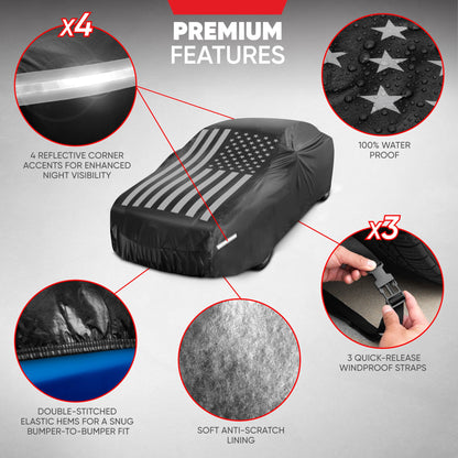 Motor Trend Black USA Flag Wasserdichte Autoabdeckung - Allwetterschutz im Freien, UV-resistent, winddicht, kratzfest - Semi-Universal Fit Limousine Full Car Cover für Sonnenregen Schnee (171'- 190' Länge)