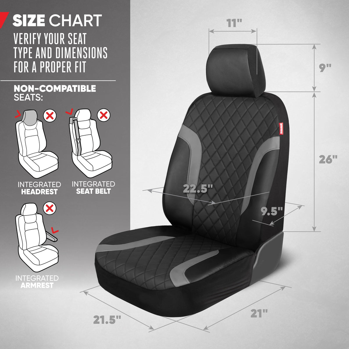 Motor Trend Faux Ledersitzbezüge für LKW, Autos und SUV - Front Black & Gray Autositzbezug - Universal Fit für die meisten Automobile - Forros Para Asientos De Carro - CarSeat-Zubehör