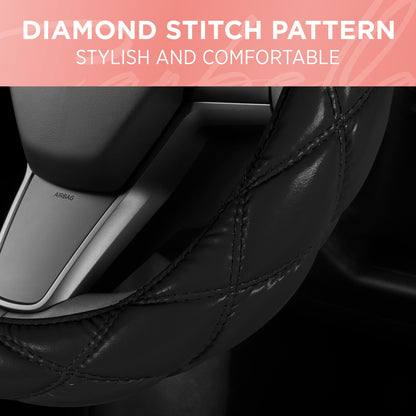 Carbella Black Stitched Leatherette Steering Wheel Cover (Fits 14.5' - 15.5')