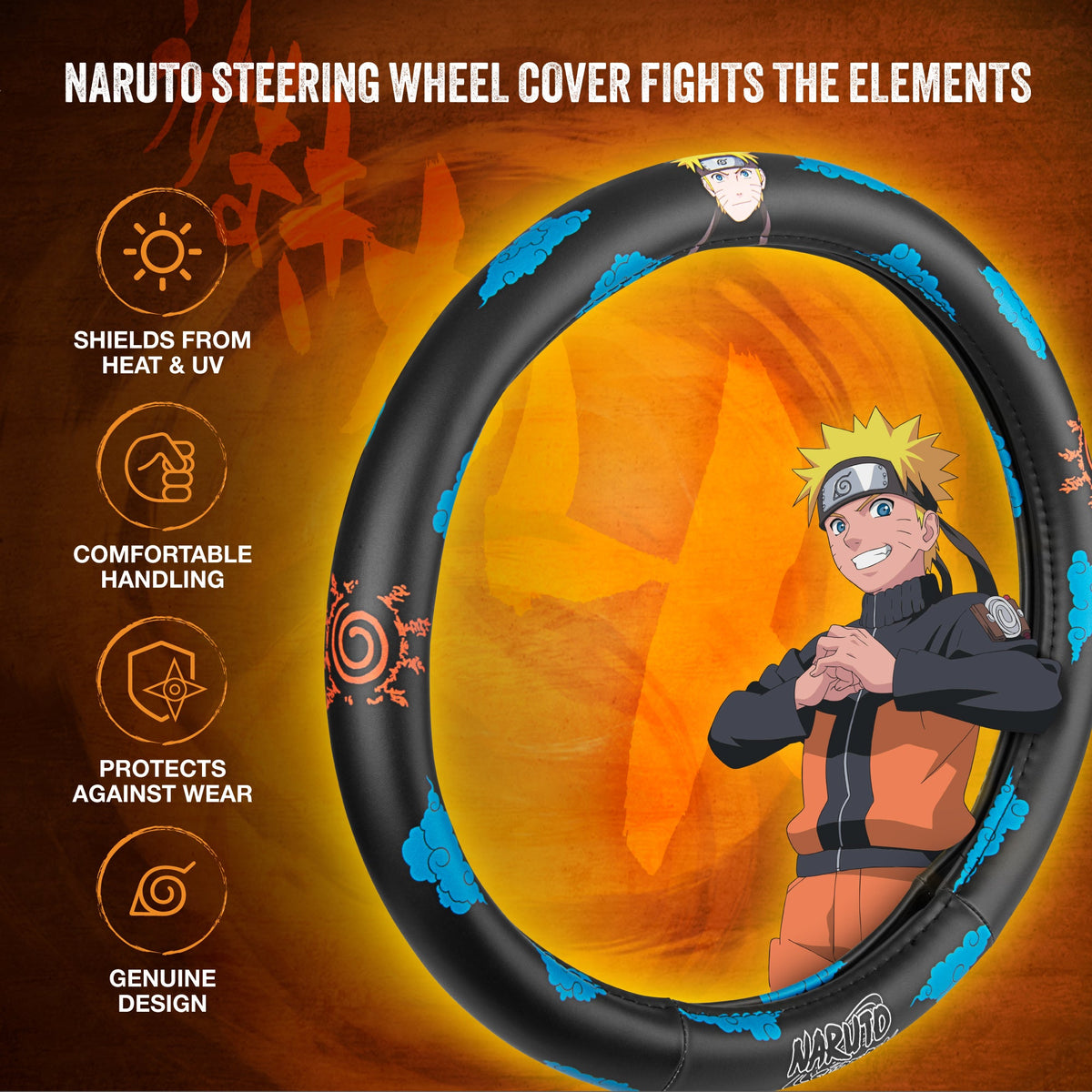 Naruto Shippuden Car Lenkrad Abdeckung, 15 Zoll Anime Lenkrad Abdeckung, gepolsterte Soft Comfortable Cover Anime Car Zubehör für Männer Frauen, Kumogakure