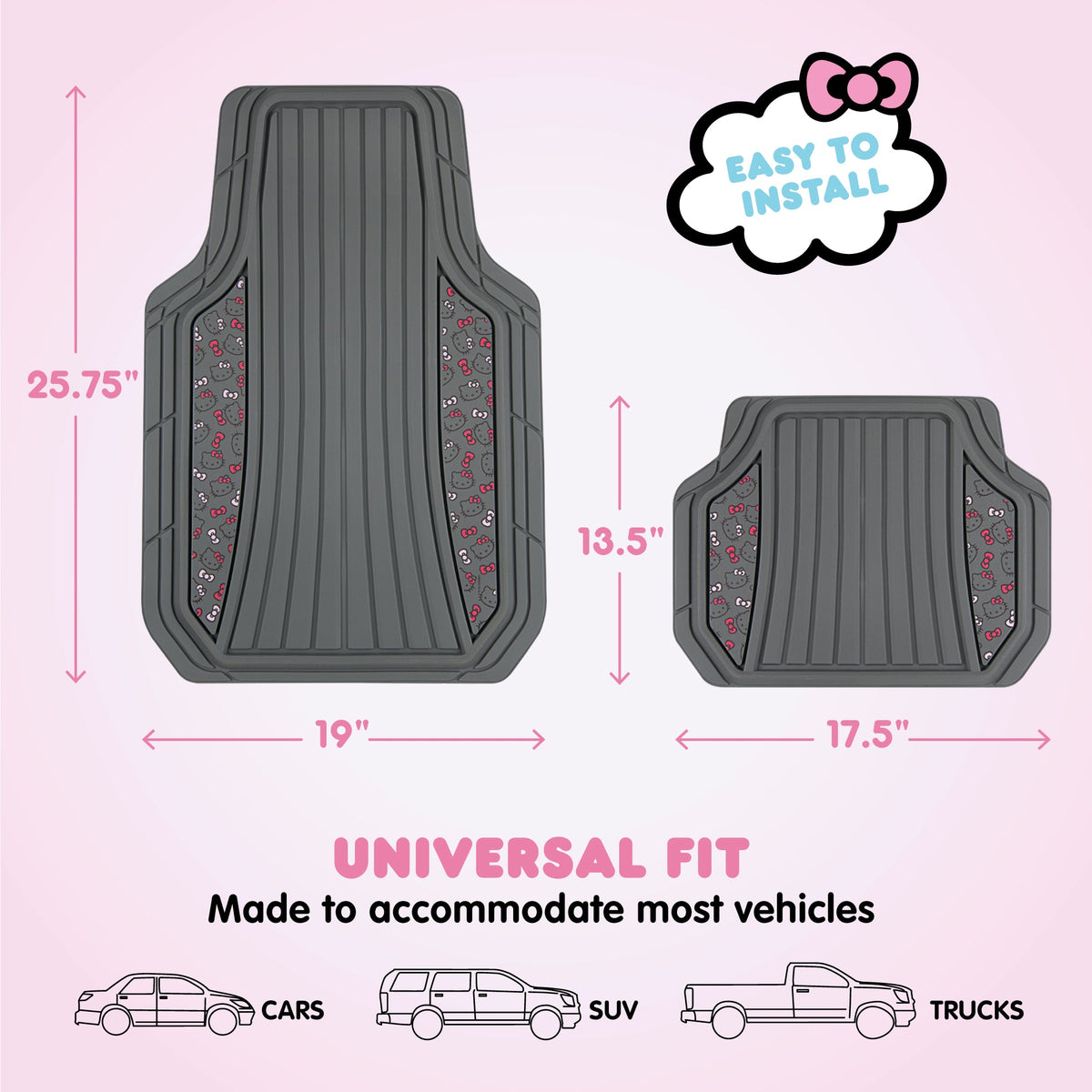 Hello Kitty Car Matts 4pc Bodenmatten für Autos LKWs SUVs Kawaii Autobodenmatten für Damen Männer Zubehör Gummi Heavy Duty Niedlich niedlich, immer vorne hinten Hallo Kitty Car Zubehör Classic Gray mit rosa Bögen