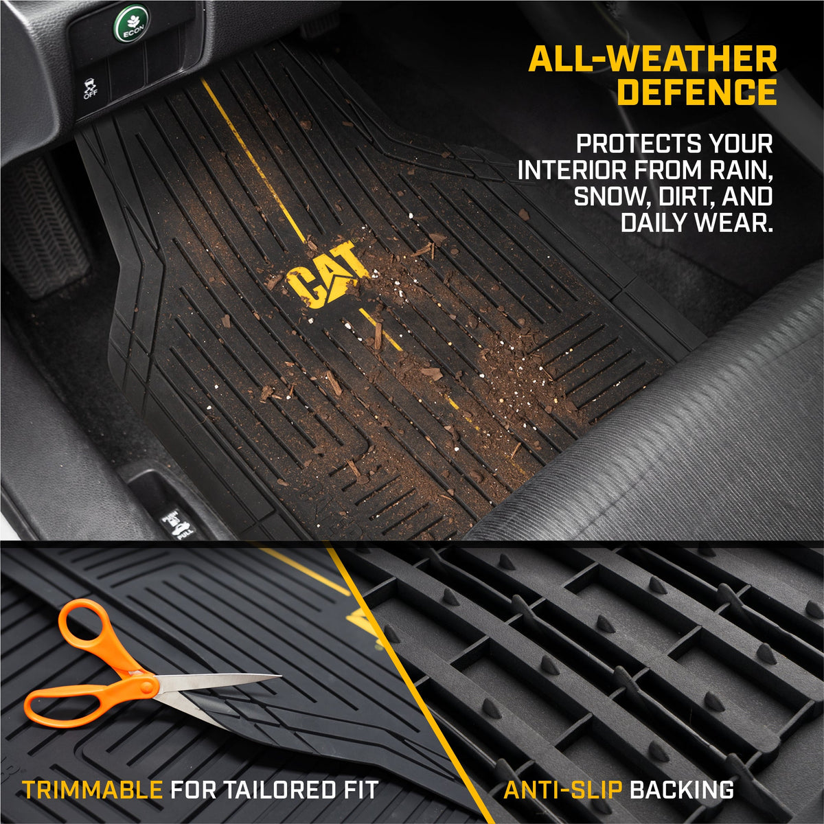 CAT® Heavy-Duty 4 Stück schwarze Fußbodenmatten für Autos, LKW & SUVs - Trim-to-Fit Allwetter-Gummi-Automatten Vollset, wasserdichtes Innenzubehör, Car Rug Protection & Automotive Floor Liners