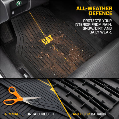 CAT® Heavy-Duty 4 Stück schwarze Fußbodenmatten für Autos, LKW & SUVs - Trim-to-Fit Allwetter-Gummi-Automatten Vollset, wasserdichtes Innenzubehör, Car Rug Protection & Automotive Floor Liners