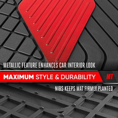 Motor Trend MetallicGuard Car Bodenmatten Volles Set - Langlebige Gummibodenmatten mit rotem Metallic Ferse Pad, Allwetter-Innenschutz für Vorder- und Rückseite mit rutschfester Rückseite