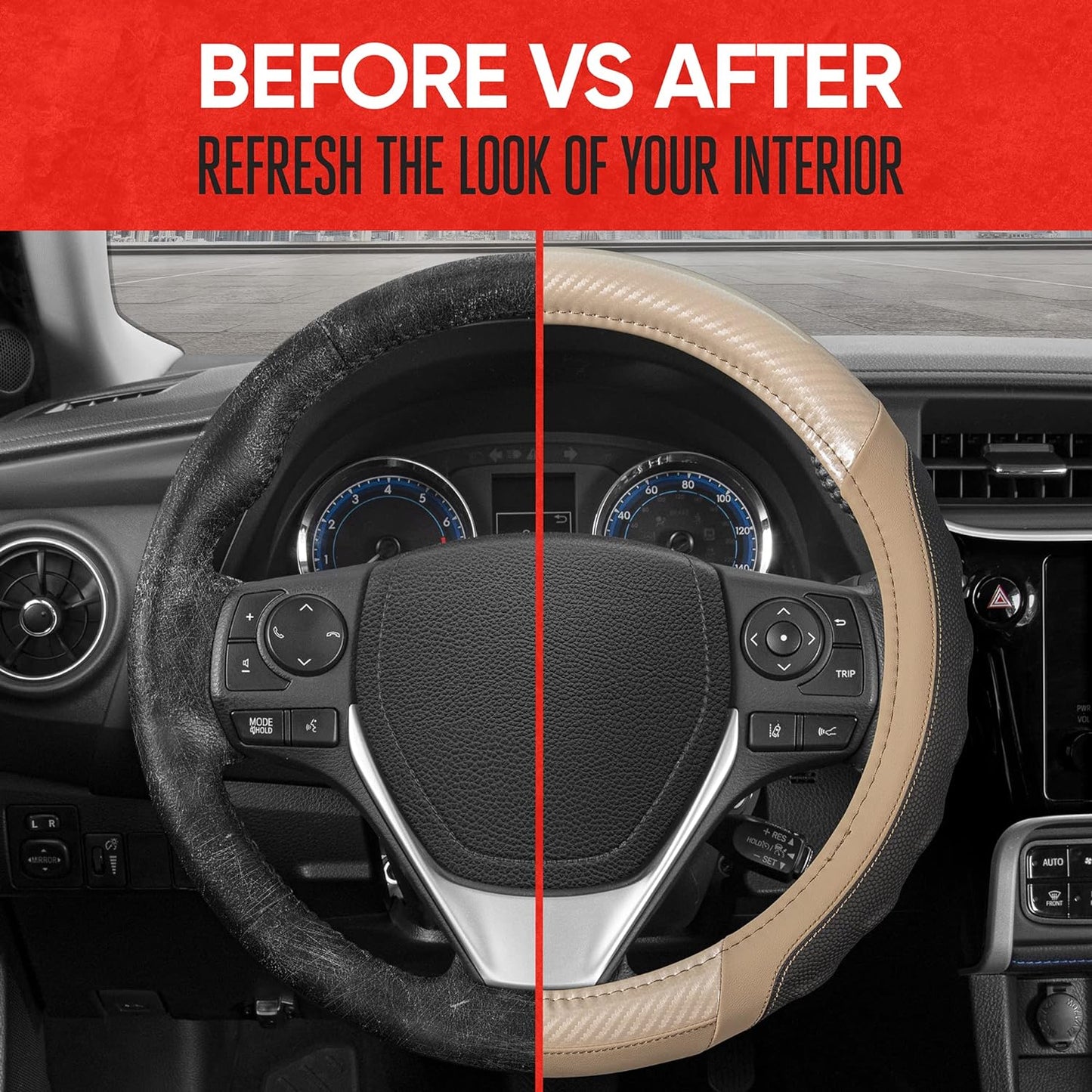 Motor Trend UltraSport Carbon Fiber Steering Wheel Cover, Standard 15 Zoll Größe, Black Faux Leather Comfort Grip, Car Steering Wheel Cover für Auto Truck Van SUV (Mehrere Farben)