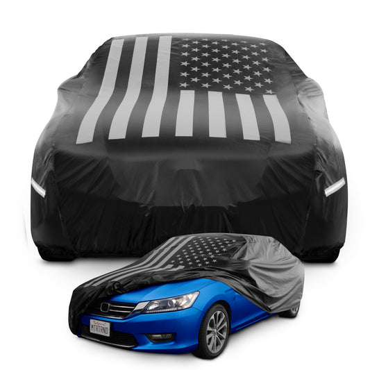 Motor Trend Black USA Flag Wasserdichte Autoabdeckung - Allwetterschutz im Freien, UV-resistent, winddicht, kratzfest - Semi-Universal Fit Limousine Full Car Cover für Sonnenregen Schnee (171'- 190' Länge)