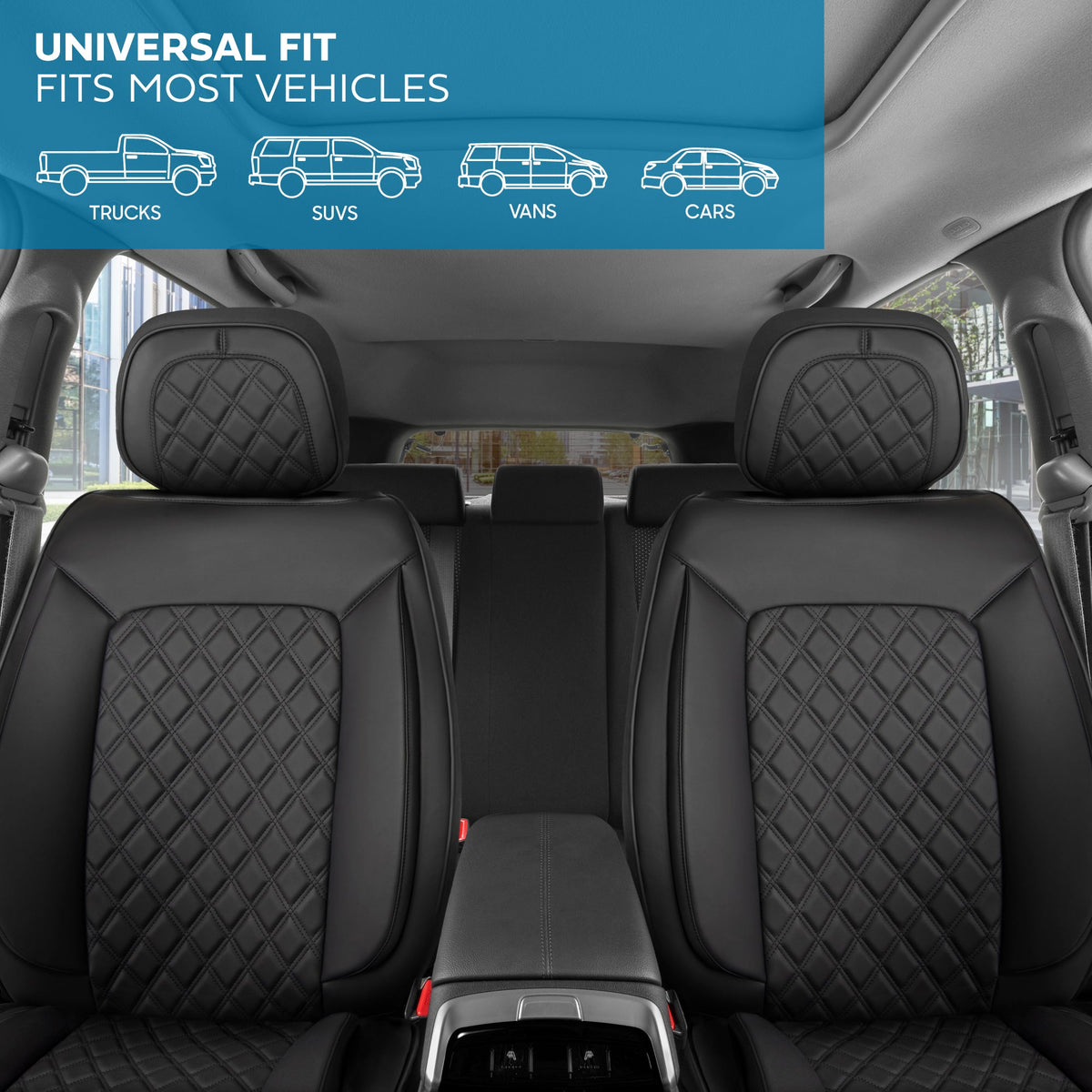MotorBox Elite Edition Faux Ledersitz Abdeckungen für Autos, LKW und SUV - 2 schwarze Autositz Abdeckungen für Vordersitze - Universal Fit Car Zubehör Automotive Interior Cover Protector für die meisten Fahrzeuge