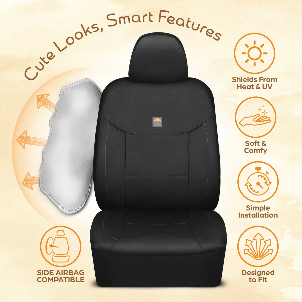 C&C Napa Ledertasche 2 Vordersitze - Faux Leder Auto Sitzprotektoren für Autos & LKW - UV-resistent, leicht zu reinigen, semi-universal fit - Stilvolles Küstendesign für Sommer Auto Interior Upgrade