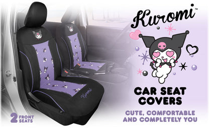 Hello Kitty Kuromi Autositzbezüge - Niedliche schwarze und violette Vordersitzbezüge mit Lavendelakzenten, langlebiges und komfortables Polyester, Autozubehör Hallo Kitty Zubehör 2pc