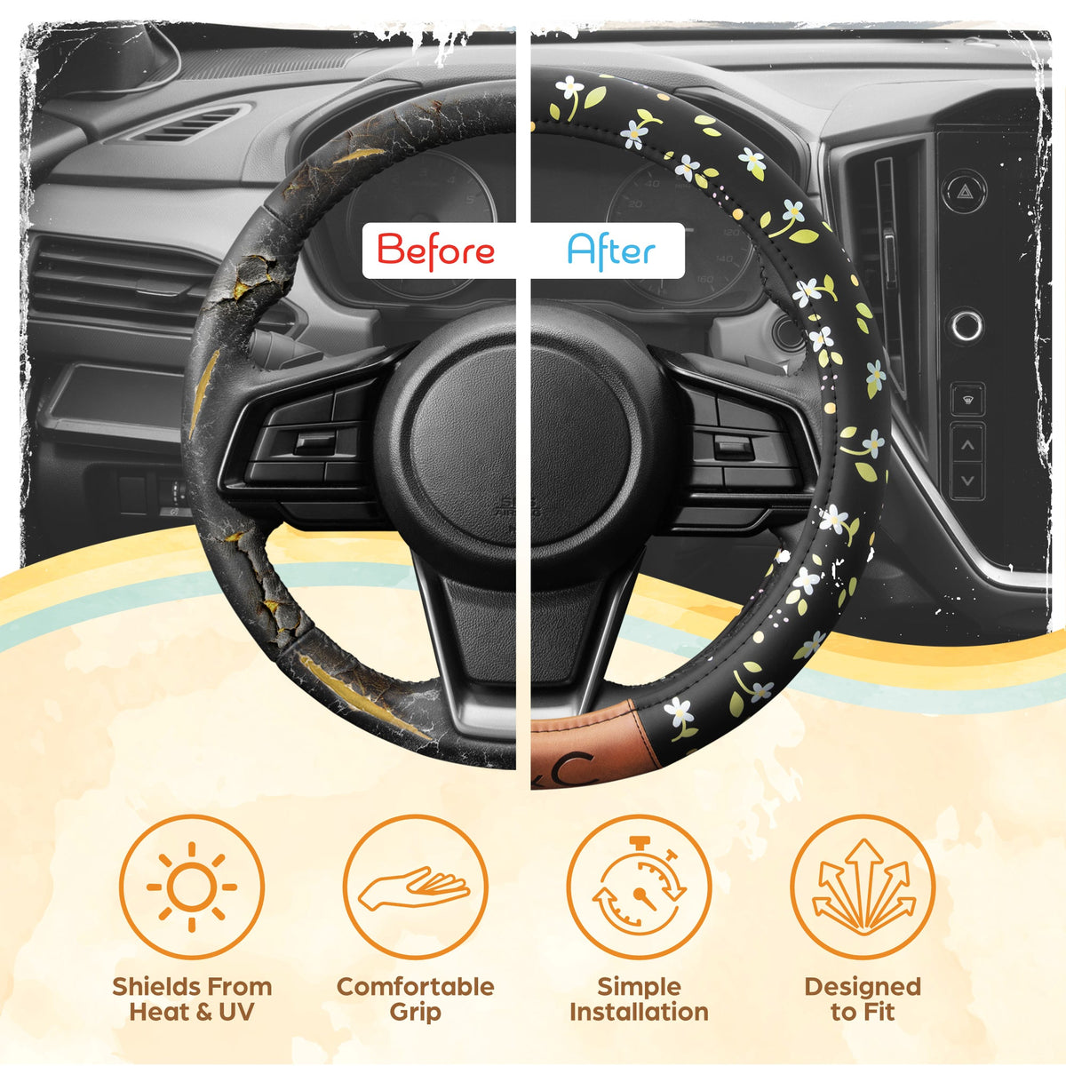 C & C California Car Steering Wheel Cover Blumen Daisy Blumen, nicht rutschig schwarze Lederlenkrad Abdeckung für Männer, niedlich Komfortable Soft Easy Installation Universal Fit (Fits 14.5'-15.5' Zoll)