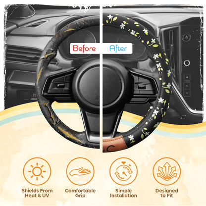 C & C California Car Steering Wheel Cover Blumen Daisy Blumen, nicht rutschig schwarze Lederlenkrad Abdeckung für Männer, niedlich Komfortable Soft Easy Installation Universal Fit (Fits 14.5'-15.5' Zoll)
