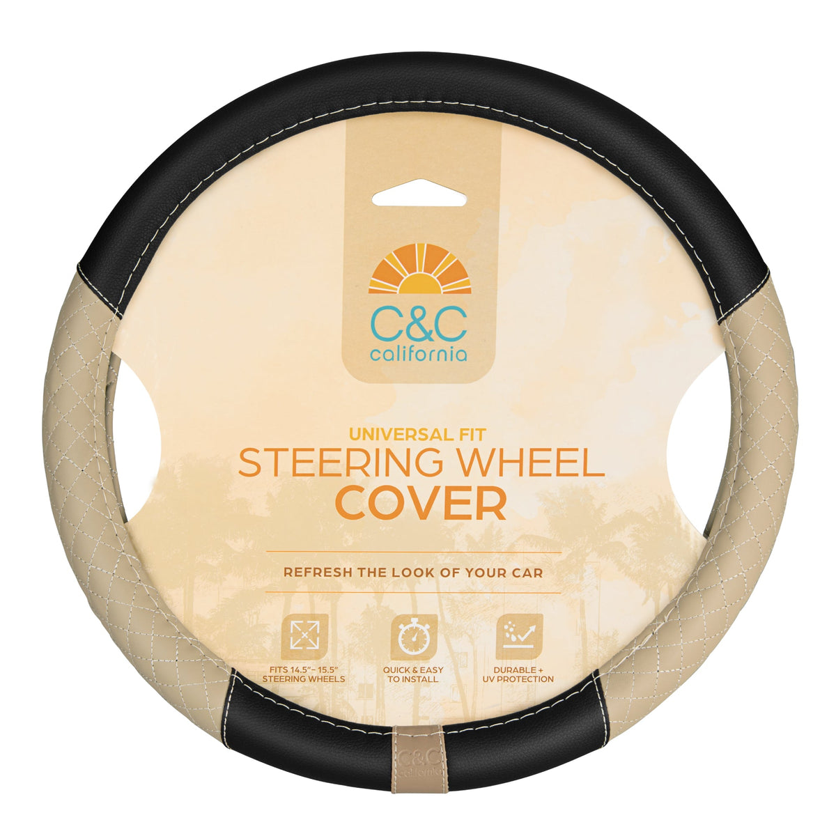 C&C California Car Steering Wheel Cover Beige Diamond Quilt, Non Slip Leather Steering Wheel Cover für Damen Männer, Niedlich Komfortable Soft Easy Installation Universal Fit (Fits 14.5'-15.5' Zoll)