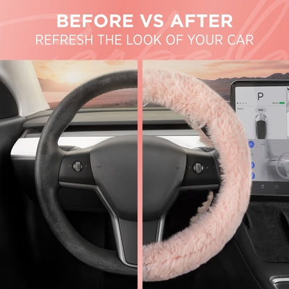 Carbella Soft Pink Fuzzy Lenkrad Abdeckung, Standard 15 Zoll Größe passt die meisten Fahrzeuge, niedliche Faux Pelz Auto Lenkung Abdeckung mit Soft Fluffy Furry Touch, Auto Zubehör für Frauen