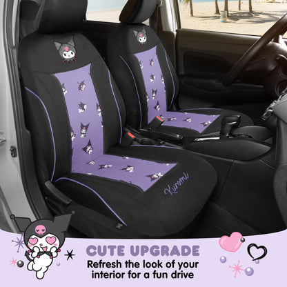 Hello Kitty Kuromi Autositzbezüge - Niedliche schwarze und violette Vordersitzbezüge mit Lavendelakzenten, langlebiges und komfortables Polyester, Autozubehör Hallo Kitty Zubehör 2pc