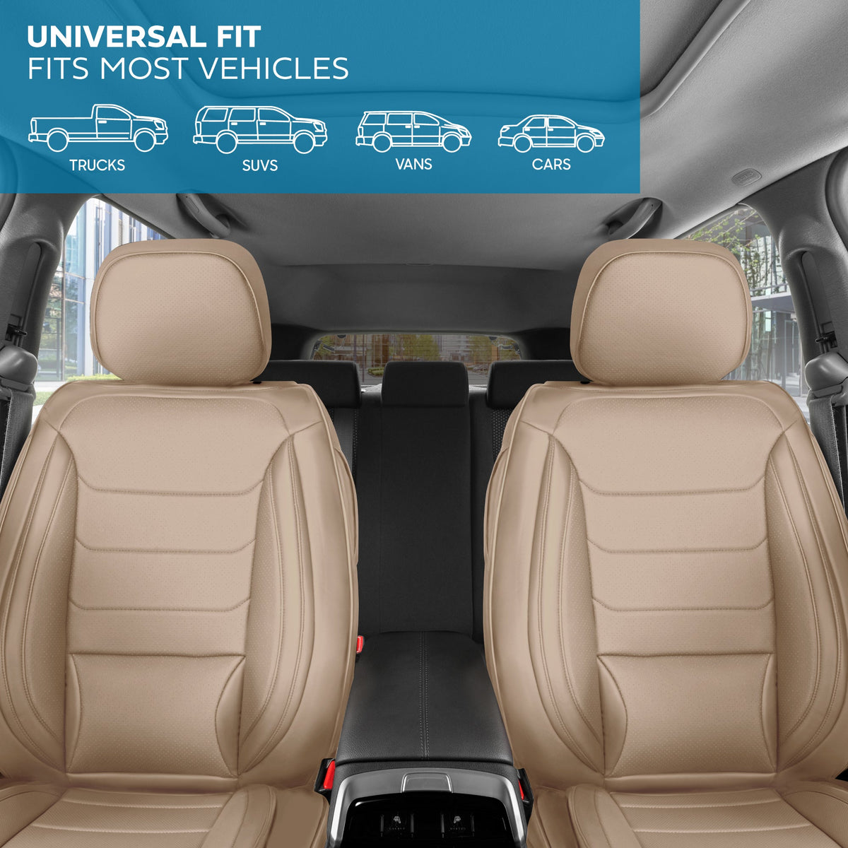 MotorBox Elite Edition Faux Ledersitz Abdeckungen für Autos, LKW und SUV - 2 Beige Autositz Abdeckungen für Vordersitze - Universal Fit Car Zubehör Automotive Interior Cover Protector für die meisten Fahrzeuge