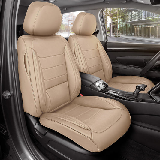 MotorBox Elite Edition Faux Ledersitz Abdeckungen für Autos, LKW und SUV - 2 Beige Autositz Abdeckungen für Vordersitze - Universal Fit Car Zubehör Automotive Interior Cover Protector für die meisten Fahrzeuge