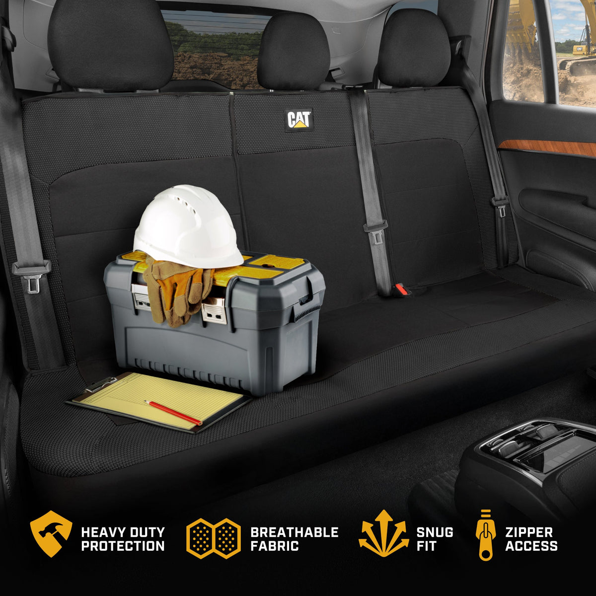 Cat Flexfit Black Rear Seat Cover für Auto - Langlebiger Canvas & Mesh Design 60/40 Split Bench Protector für Autos, LKW & SUVs - Rücksitz Abdeckung für Hinterbank - Interieur Car Zubehör