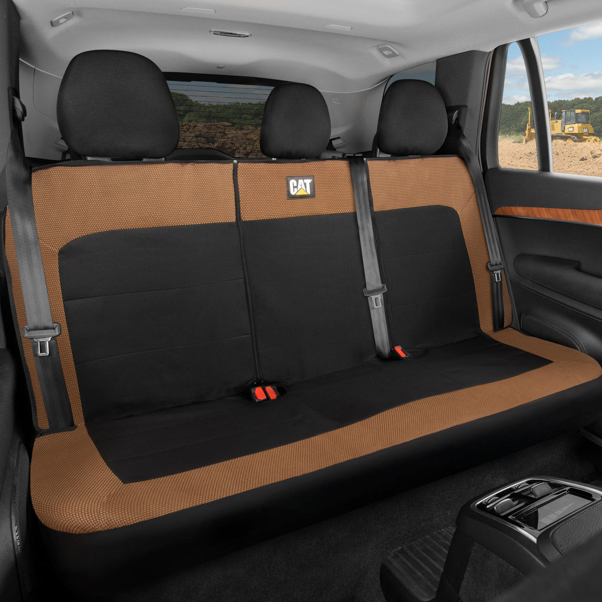 Cat Flexfit Beige & Black Rear Seat Cover für Auto - Langlebiger Canvas & Mesh Design 60/40 Split Bench Protector für Autos, LKW & SUVs - Rücksitz Abdeckung für Hinterbank - Interieur Car Zubehör