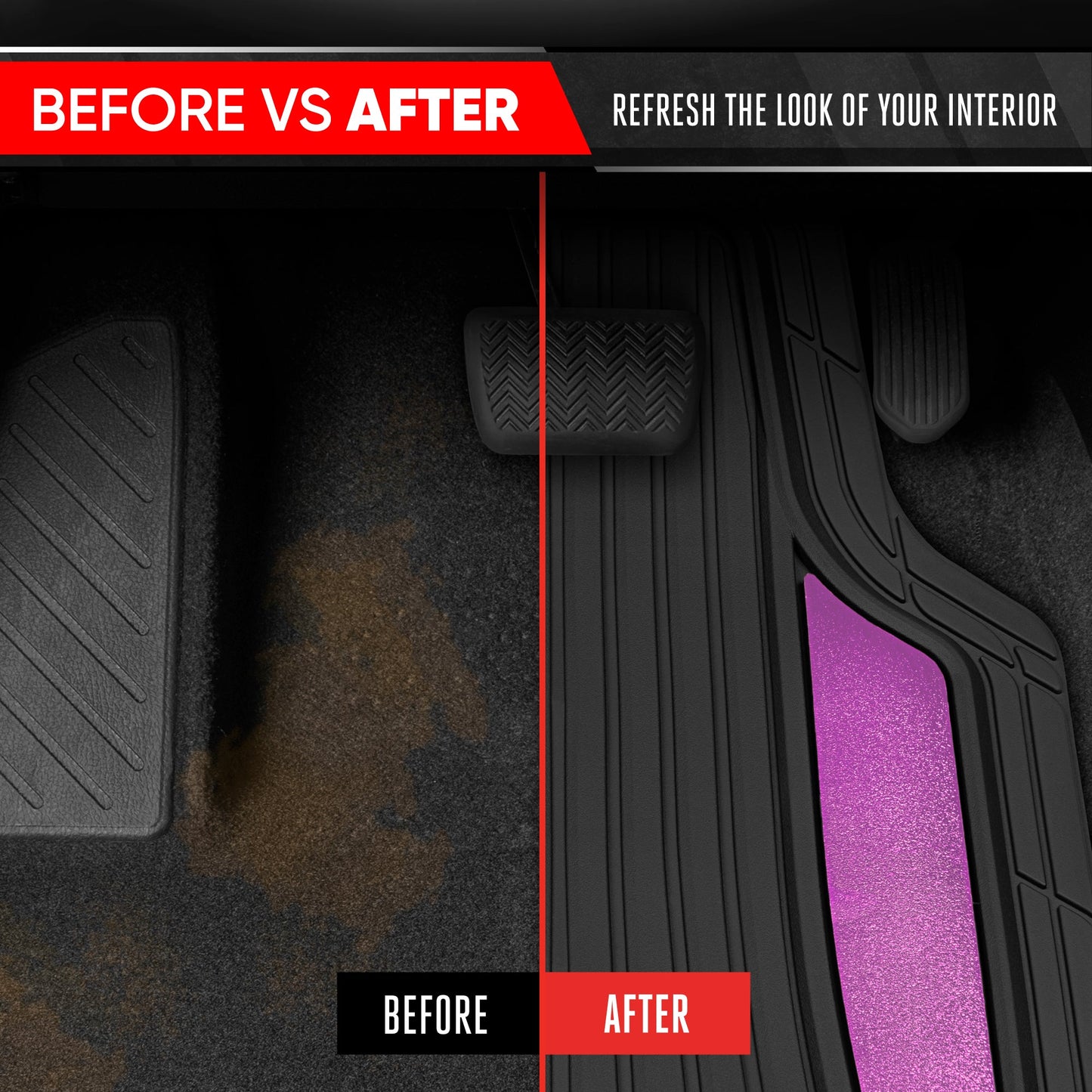 Motor Trend ChromeTech Autobodenmatten Volles Set - Langlebige Gummibodenmatten für Autos mit zwei Ton Akzent, All Wetter Innenschutz für Vorder- und Rückseite mit rutschfester Rückseite, Schwarz & Pink