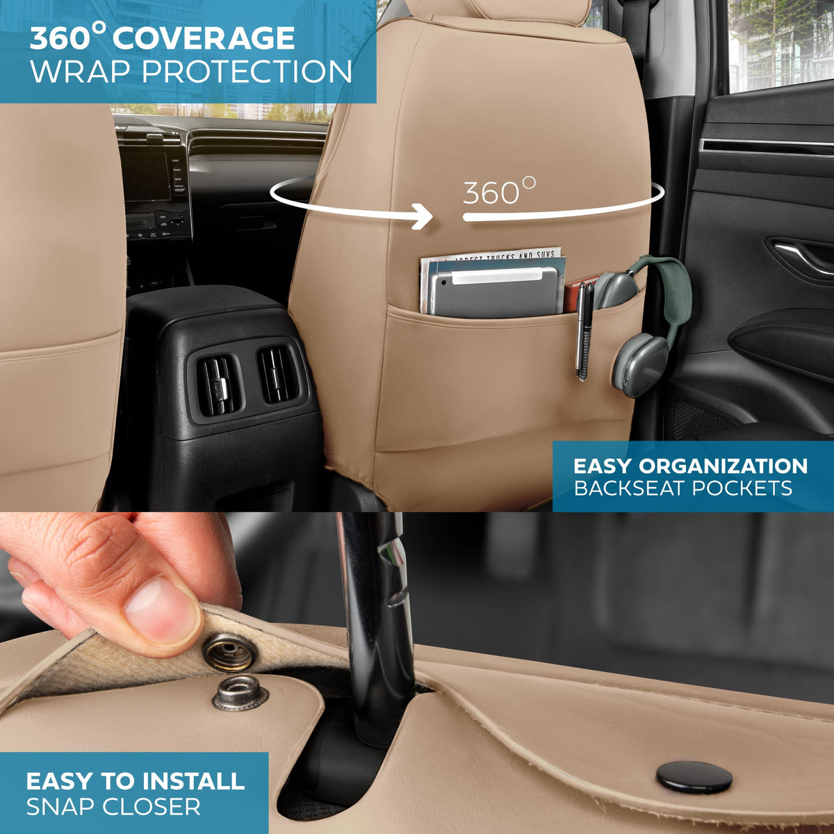 MotorBox Elite Edition Faux Ledersitz Abdeckungen für Autos, LKW und SUV - 2 Beige Autositz Abdeckungen für Vordersitze - Universal Fit Car Zubehör Automotive Interior Cover Protector für die meisten Fahrzeuge
