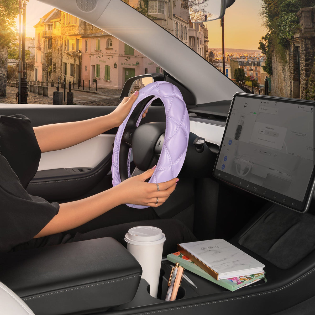Carbella Purple Stitched Leatherette Steering Wheel Cover (Fits 14.5' - 15.5')