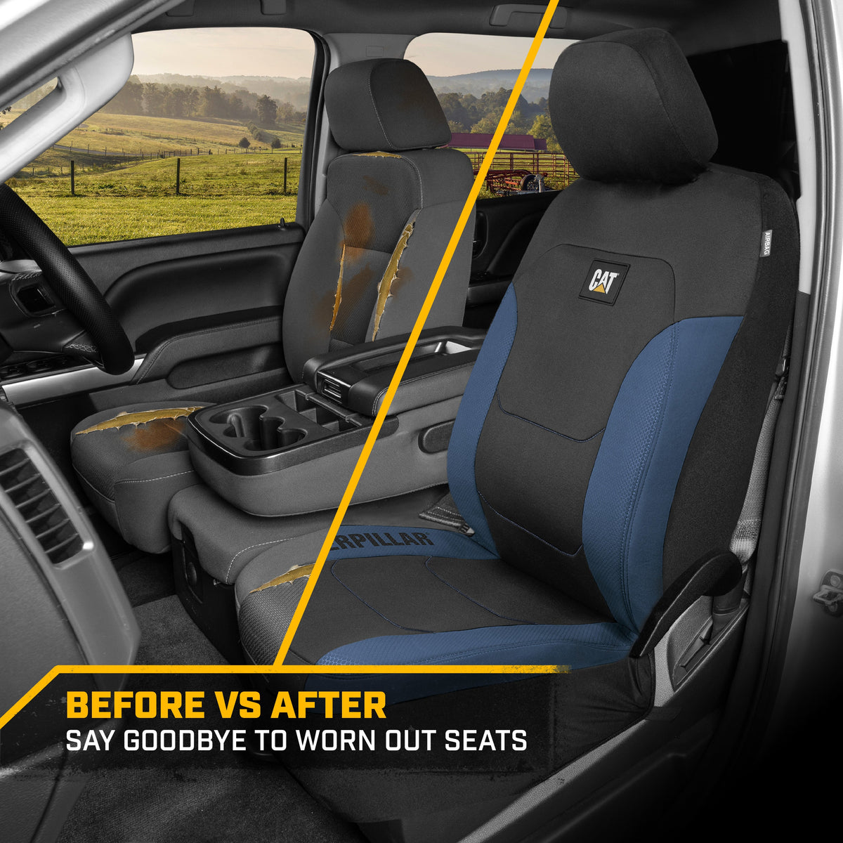 CAT FlexFit Black Blue Seat Covers für Autos, LKWs und SUV - (2) Front Car Seat Cover Front Seat Protectors - Airbag-kompatible Sitzbezüge für SUV Interior Covers & Truck Seat Cover Car Zubehör