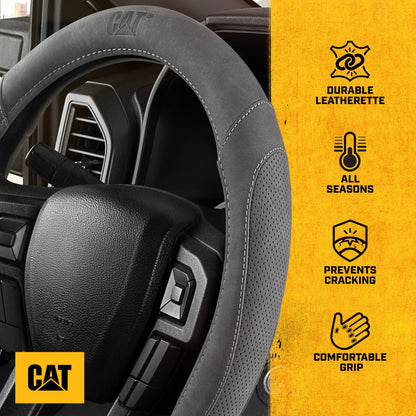 Cat® Honor Line Flux Lederlenkrad Abdeckung w Metall Flag Emblem, Grau Lederette, Standard 14.5-15.5 Zoll, Non Slip Komfort, Auto Lenkrad Abdeckung für Auto Truck SUV, Auto Zubehör