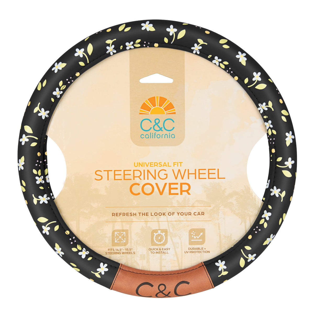 C & C California Car Steering Wheel Cover Blumen Daisy Blumen, nicht rutschig schwarze Lederlenkrad Abdeckung für Männer, niedlich Komfortable Soft Easy Installation Universal Fit (Fits 14.5'-15.5' Zoll)