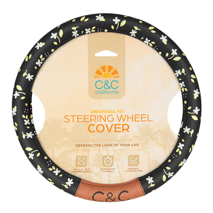 C & C California Car Steering Wheel Cover Blumen Daisy Blumen, nicht rutschig schwarze Lederlenkrad Abdeckung für Männer, niedlich Komfortable Soft Easy Installation Universal Fit (Fits 14.5'-15.5' Zoll)