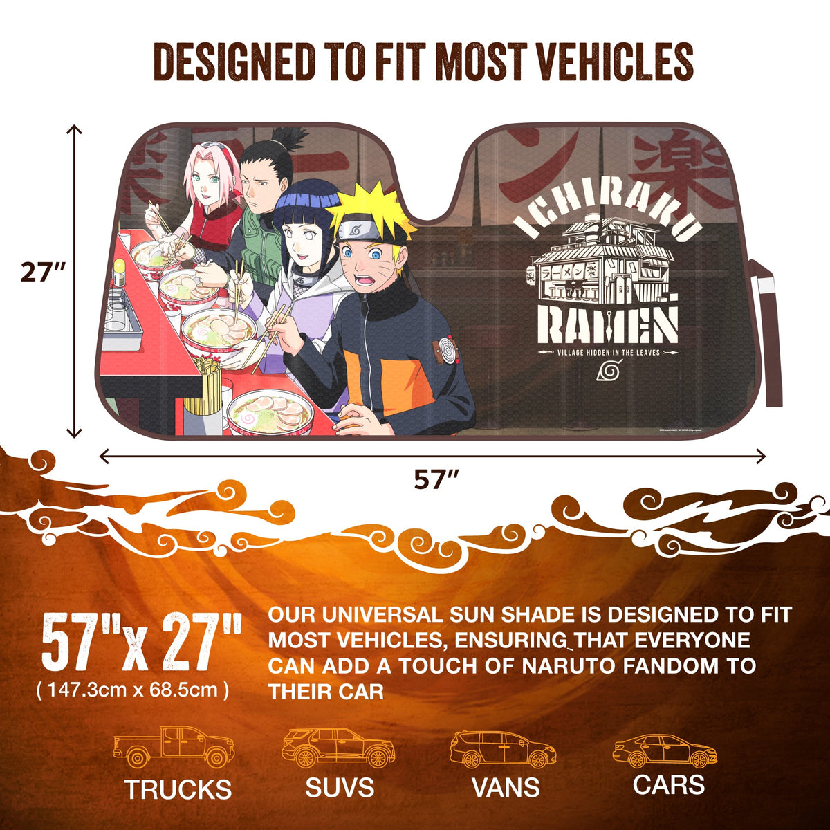 Naruto Shippuden Offiziell lizenzierte Windschutzscheibe Sonnenschutz - Car Sun Shade passt die meisten Autos, LKWs, SUV, & Van - Akatsuki Naruto Merch & Anime Zubehör für Autos - Sunshade Auto Windschutzscheibe - 57 'x 27'