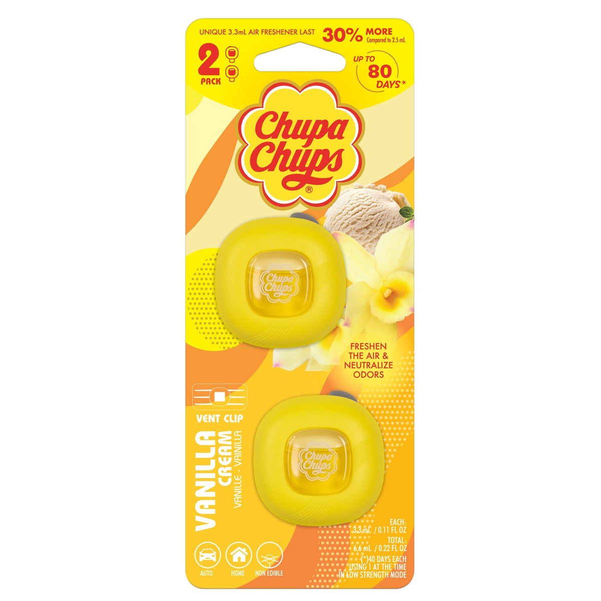 Chupa Chups Auto Lufterfrischer, Vanille Creme - Langlebige Autoerfrischer mit lustigen Düften, bunte und lebendige Lufterfrischer für Auto, einzigartige Autoerfrischer Parfüm Deodorizer Refresher Fragrance