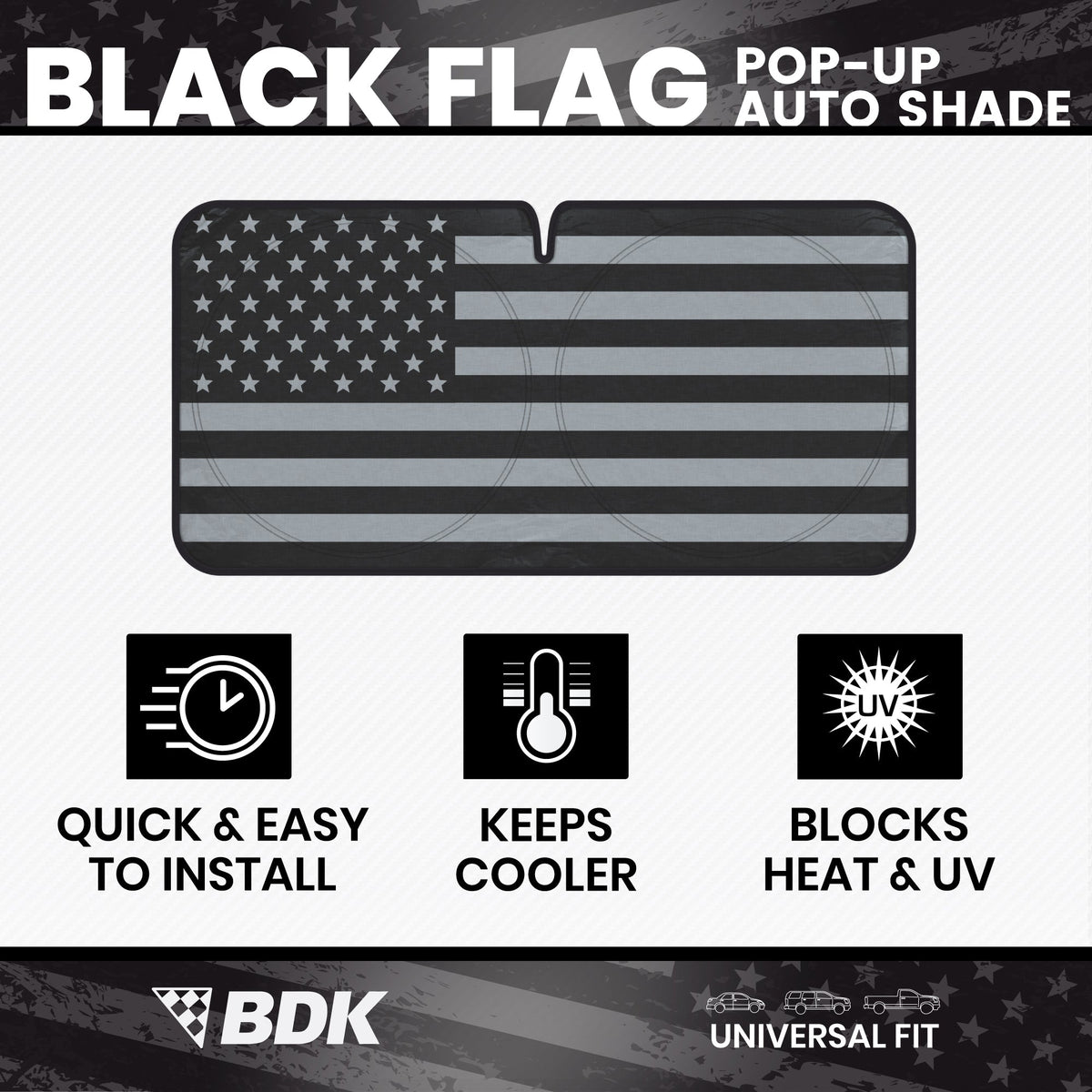 BDK USA Black American Flag Front Windschutzscheibe Sunshade XXL (64' x 32')
