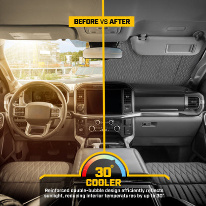 CAT Auto Shade für Autos & Trucks - Jumbo 65'x27' Akkordeon faltbarer Sonnenschutz mit fettem gelben Reifenspurendesign - Heavy-Duty Windschutzscheibe Abdeckung für maximalen UV-Schutz & Innenkühlung