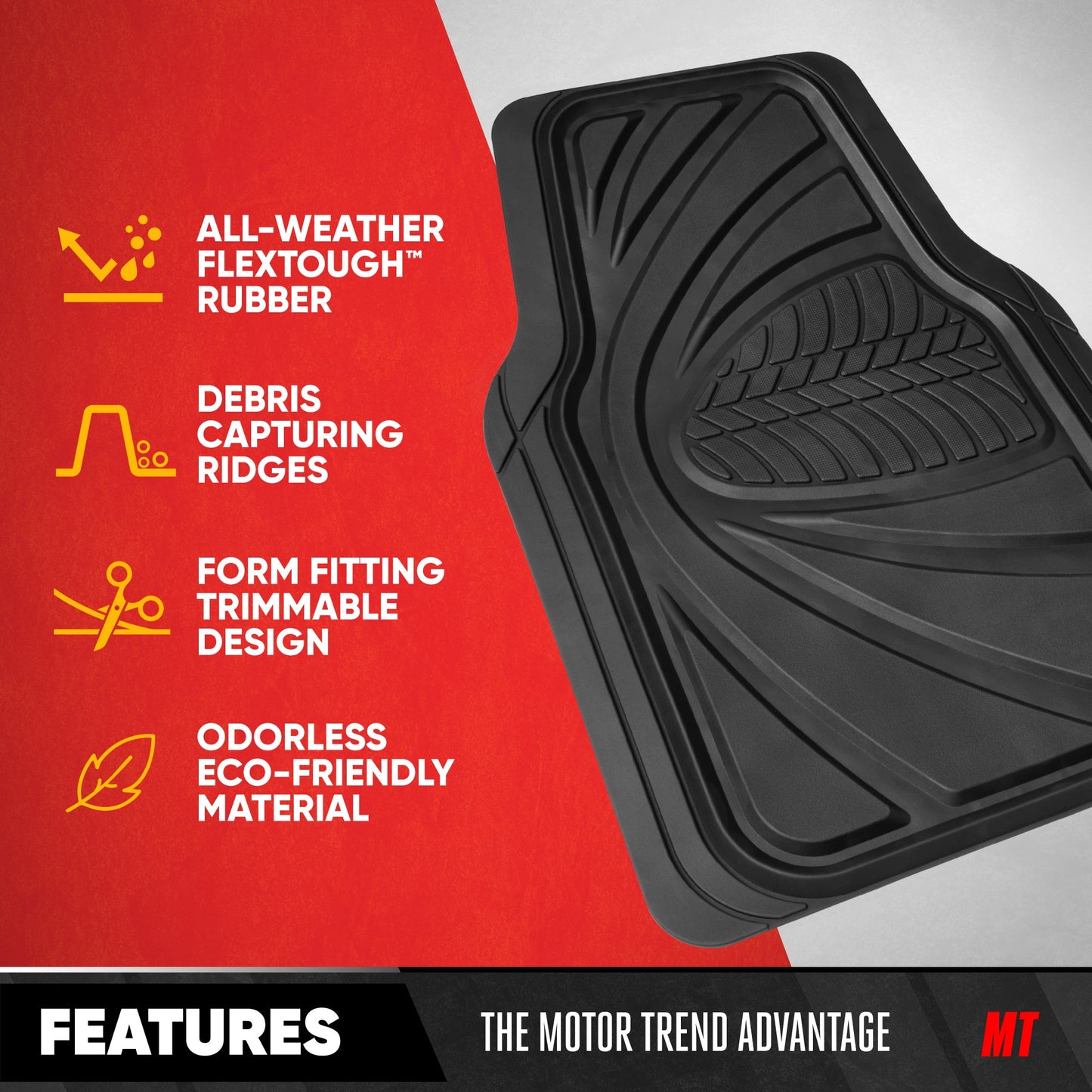 Motor Trend FlexTough Guard Allwetter-Bodenmatten für Autos - Schwarze wasserdichte Gummibodenmatten, universelles Trim-to-Fit-Autozubehör für Autos, LKW & SUV