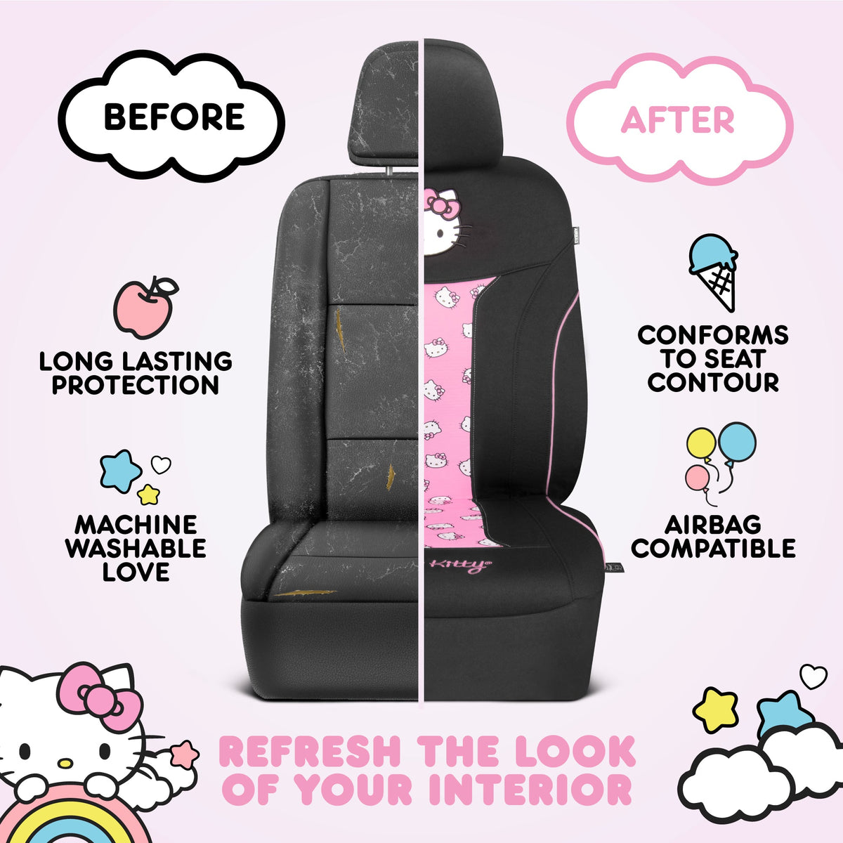 Hello Kitty Car Seat Covers - Niedliche und langlebige Pink Vordersitzbezüge, entzückendes Hello Kitty Design, komfortables und lang anhaltendes Polyester, Autozubehör Geschenk Hello Kitty Zubehör 2pc Schwarz / Pink