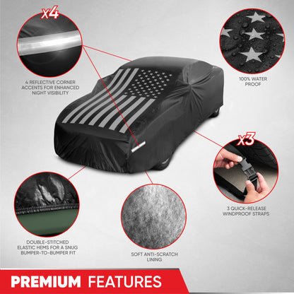 Motor Trend Black USA Flag Wasserdichte Autoabdeckung - Allwetterschutz im Freien, UV-resistent, winddicht, kratzfest - Semi-Universal Fit Limousine Full Car Cover für Sonnenregen Schnee (191'- 210' Länge)