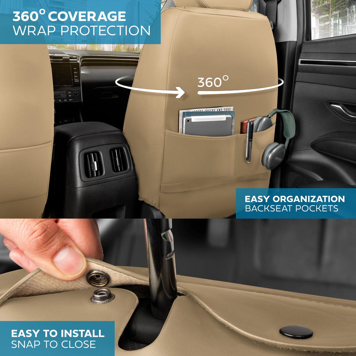 MotorBox Prestige Edition Faux Ledersitzbezüge für Autos, LKW und SUV - 2 Beige Autositzbezüge für Vordersitze - Universal Fit Car Zubehör Automotive Interior Protector für die meisten Fahrzeuge