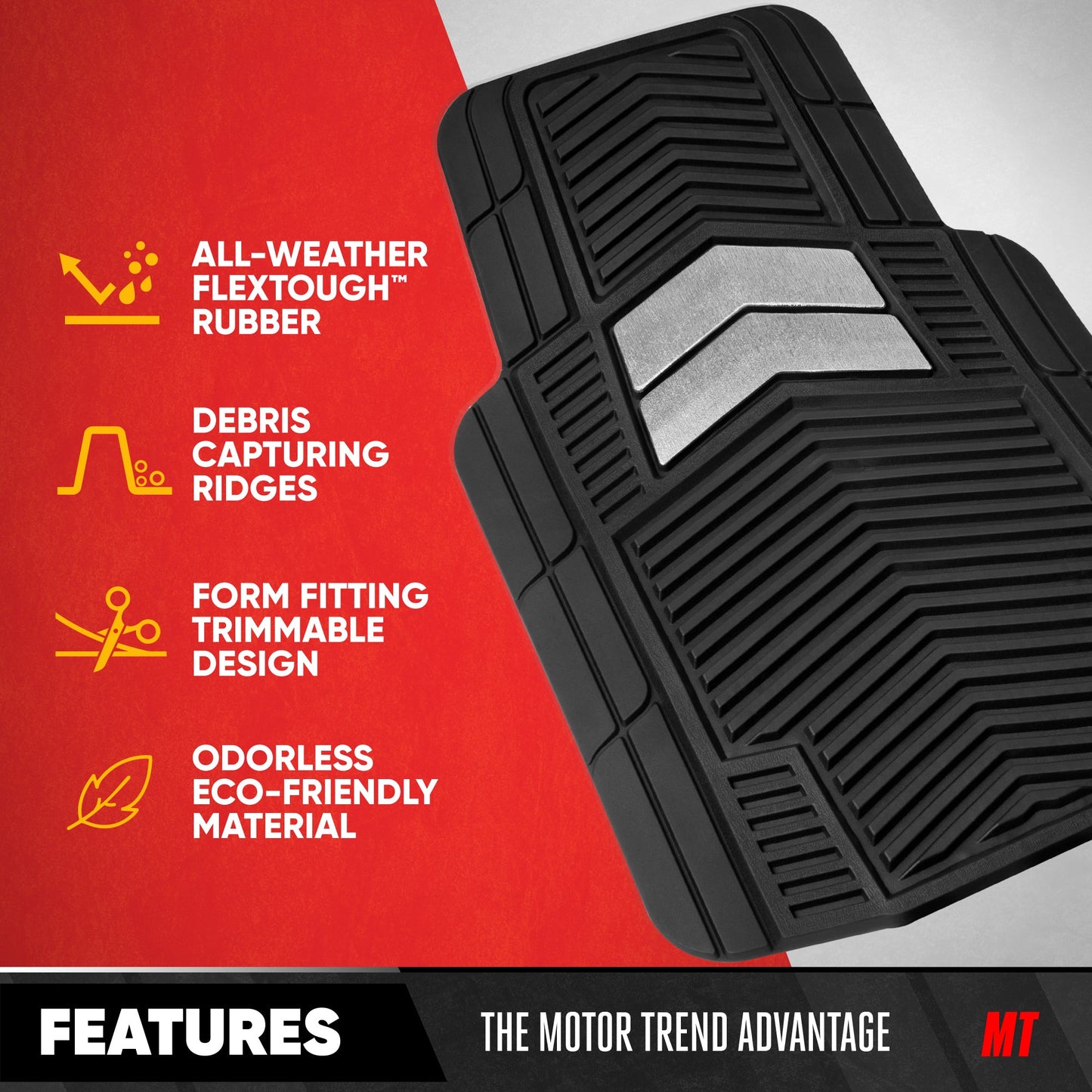 Motor Trend FlexTough Shield Black & Silver Allwetter-Bodenmatten für Autos, LKW & SUVs - Heavy Duty Waterproof Rubber Car Matts, Universal Trim für Automobilzubehör für den Innenraumschutz, Front & Rear Floor Liners