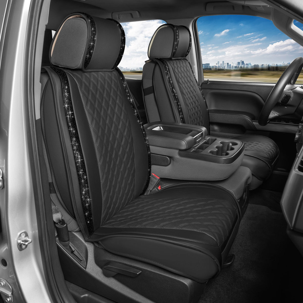 BlingStitchTM Car Seat Covers für Vordersitze - Luxuriöse vegane Ledersitzbezüge für Autos mit schwarzen Bling-Kristallen, Premium Automotive Seat Covers für SUV, Trucks, Car Bling Luxury