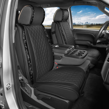 BlingStitchTM Car Seat Covers für Vordersitze - Luxuriöse vegane Ledersitzbezüge für Autos mit schwarzen Bling-Kristallen, Premium Automotive Seat Covers für SUV, Trucks, Car Bling Luxury